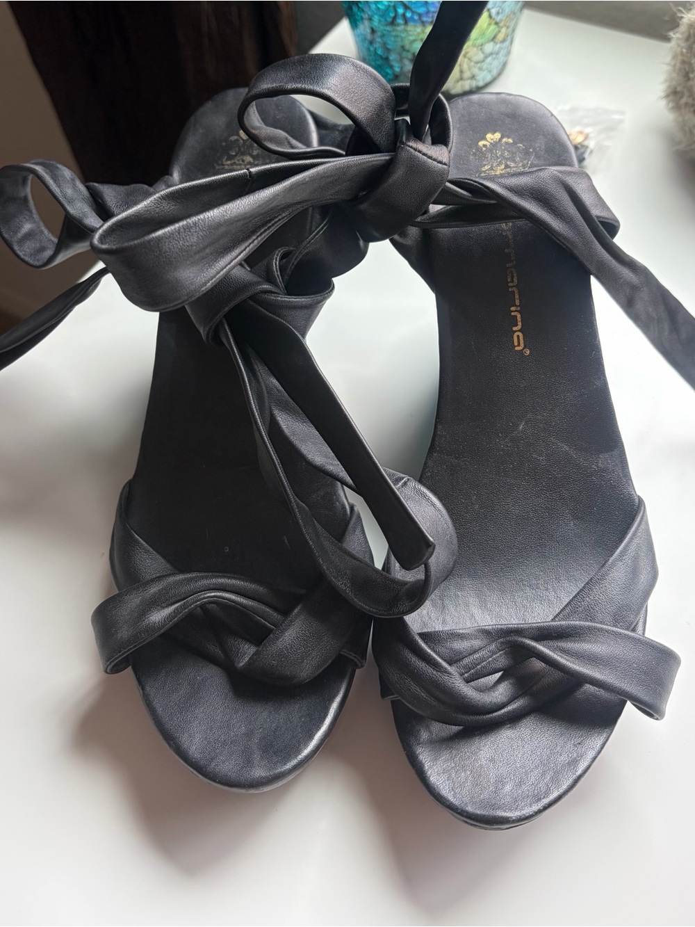 Women's Black Lace-Up Knotted Wedge Sandals